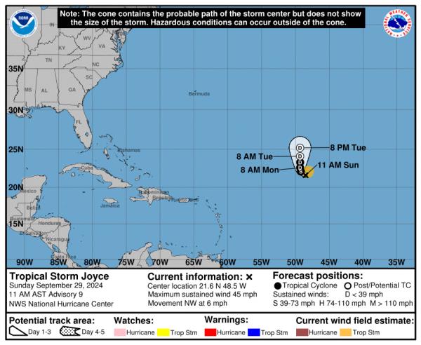 A Natio<em></em>nal Weather Service map tracking Tropical Storm Joyce's potential paths.