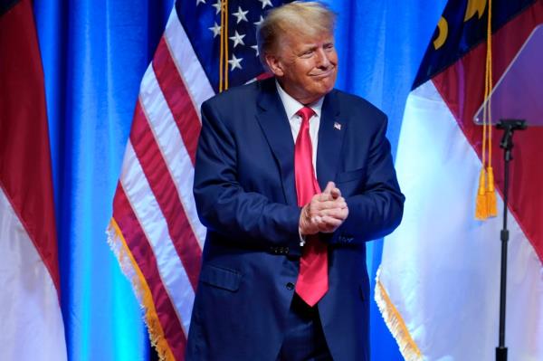Former President Do<em></em>nald Trump looks to the crowd after speaking during the North Carolina Republican Party Co<em></em>nvention in Greensboro, N.C., Saturday, June 10, 2023.