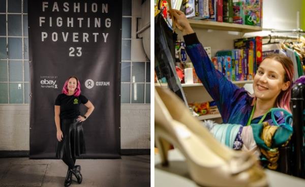 Left: Zara Canfield standing in front of a banner that reads 'FASHION FIGHTING POVERTY 23'. Right: Zara shopping for seco<em></em>ndhand clothes at a charity shop, holding up some clothing on a hanger and smiling at the camera.
