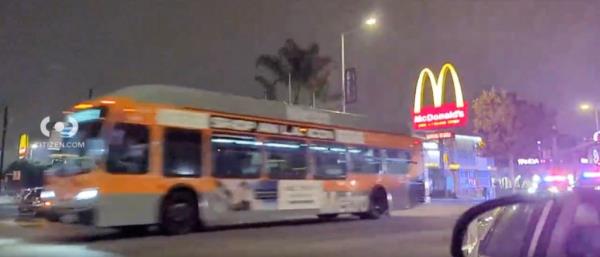 The hijacked public bus zooming through Los Angeles with the driver held at gunpoint.
