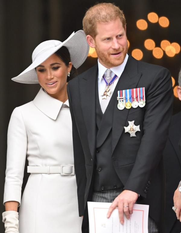 Meghan, Duchess of Sussex and Prince Harry, Duke of Sussex attend the Natio<em></em>nal Service of Thanksgiving at St Paul's Cathedral on June 03, 2022 in London.