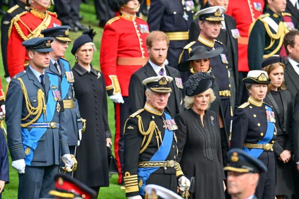 Britain's King Charles, Queen Camilla, Anne, Princess Royal, Britain's William, Prince of Wales, Prince Harry, Duke of Sussex, Meghan, Duchess of Sussex.