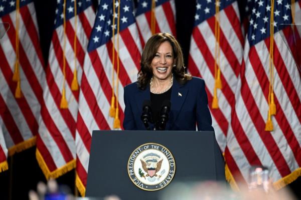 U.S. Vice President Kamala Harris reacts during a campaign event at West Allis Central High School, in West Allis, Wisconsin, U.S., July 23, 2024. 