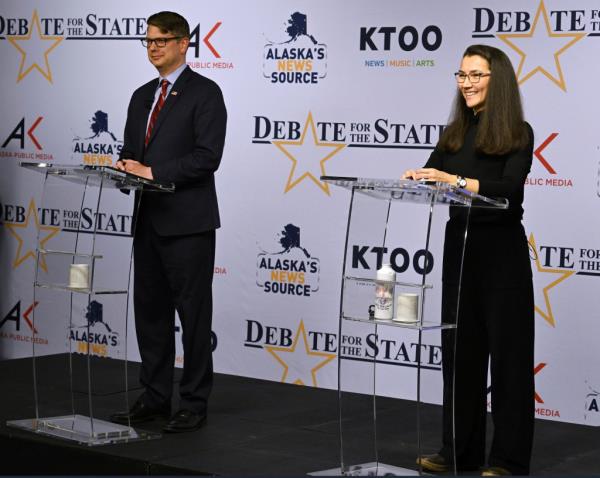 Begich and Peltola debate on live TV during the Debate for the State at Alaska Public Media on Oct. 10, 2024.