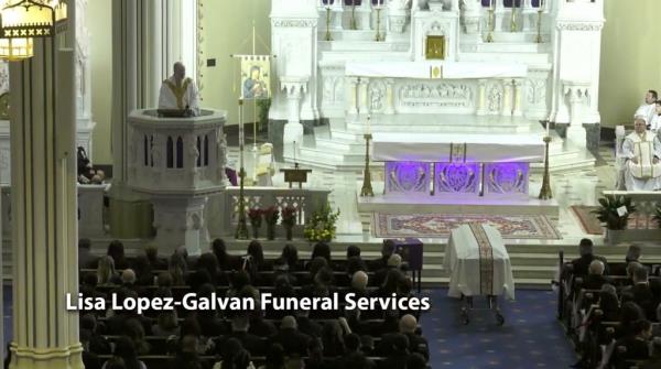 Funeral mass celebrating the life of Lisa Lopez-Galvan. Screenshot from livestream showngs crowds and alter and priest giving sermon.
