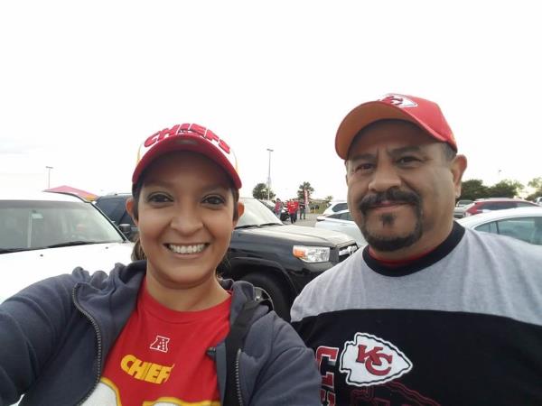Lisa Lopez-Galvan wearing a Kansas City Chiefs jersey with her favorite player's name. Image from Lisa Lopez Galvan's Facebook account.