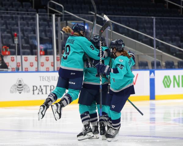 PWHL New York forward Jessie Eldridge (9) leaps into the pile when PWHL New York defender Ella Shelton (17) scored during the third period when the PWHL New York played PWHL Mo<em></em>ntreal Wednesday, January 10, 2024 at UBS Arena 