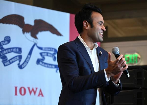 Republican presidential candidate and businessman Vivek Ramaswamy speaks to supporters at his Iowa caucus night watch party.