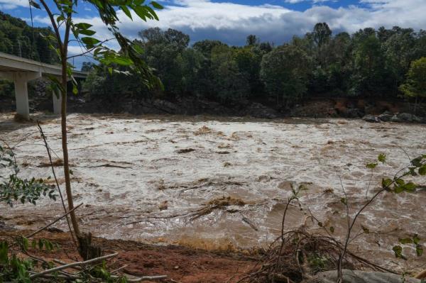 The Nolichucky River raging near the Nolichucky Dam in Greeneville on Sept. 28, 2024.
