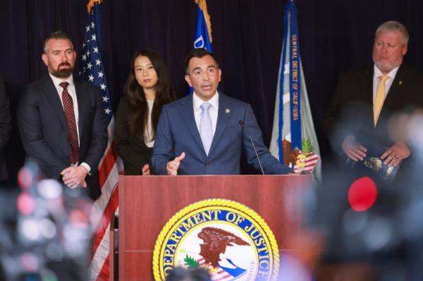 US Attorney Martin Estrada at a press conference.