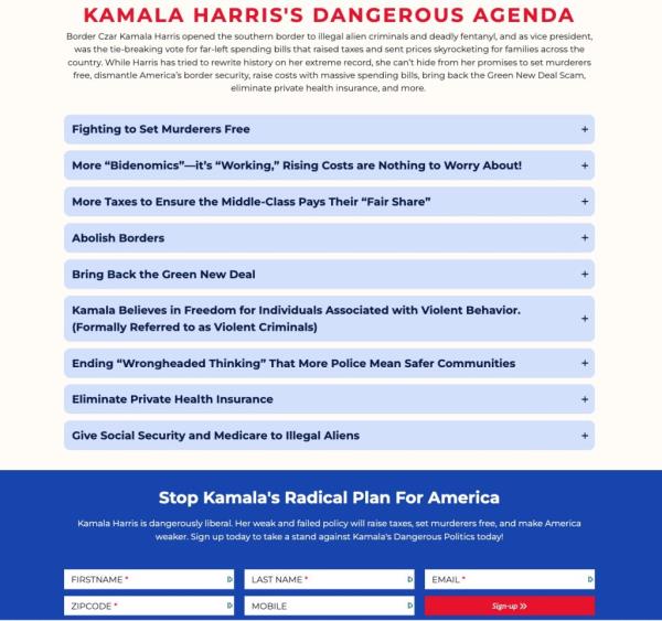 The Trump campaign-created website says Harris' positions include 