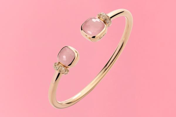 Gold bracelet with pink sto<em></em>nes on a gift guide cover, photo by Marshall Troy