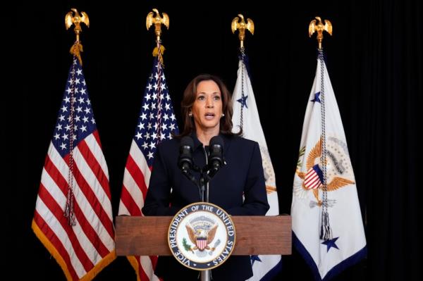 Democratic presidential nominee Vice President Kamala Harris speaks to members of the media, Tuesday Oct. 1, 2024, in Washington.