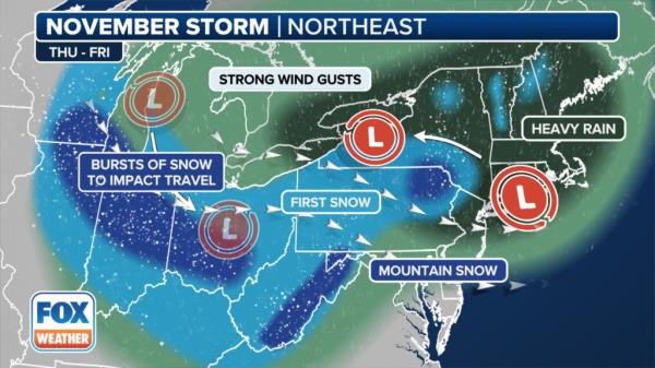forecast graphic shows storm pattern across US