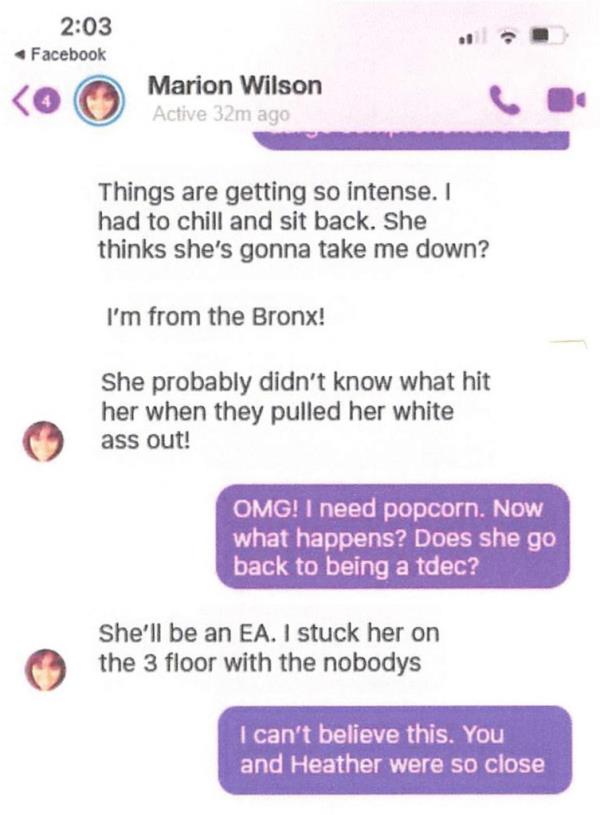 screenshots of a text exchange allegedly involving marion wilson, accused of saying of a colleague 