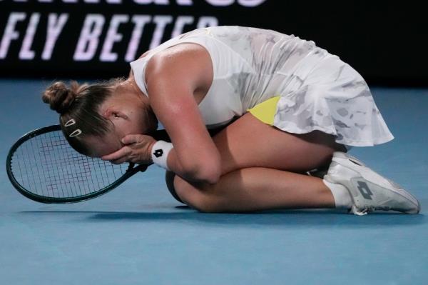 Anna Bl<em></em>inkova celebrates her win over Elena Rybakina at the Australian Open on Jan. 18, 2024.