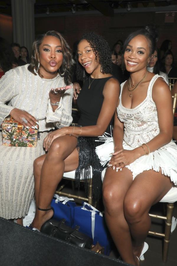 Vivica A. Fox, Nikki M. James, and Rachel Lindsay sitting front row at Naeem Khan show during Spring Summer 2025 New York Fashion Week