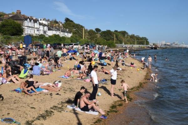 People enjoying a sunny and hot day at Leigh-on-Sea near the City of Southend in Essex. Summer In Leigh-On Sea, Leigh-on-Sea, City of Southend-On-Sea, Essex, UK - 23 Aug 2023
