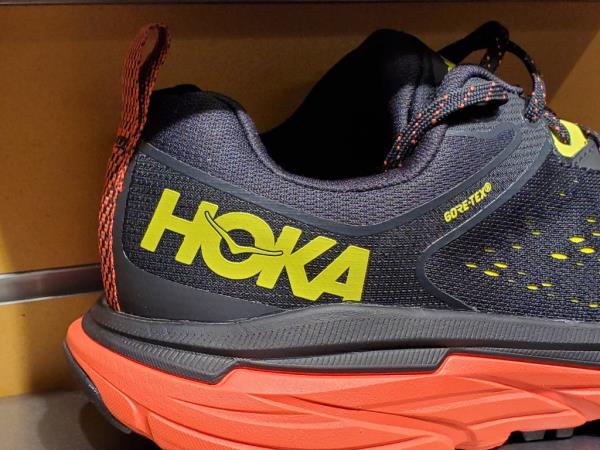 Hoka brand hiking shoe with visible logo, photographed in Pleasant Hill, California on October 12, 2021