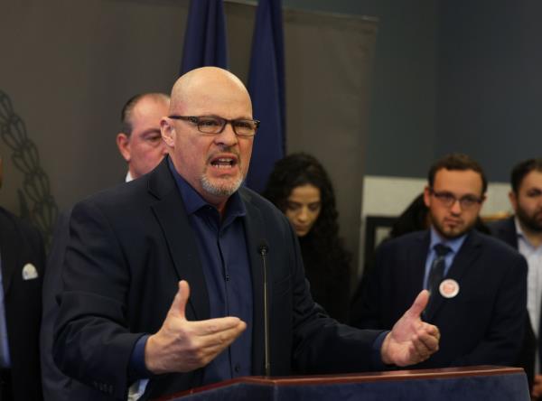 UFT President Michael Mulgrew and elected officials speaking against MTA's co<em></em>ngestion pricing at Borough Hall in Staten Island, NY