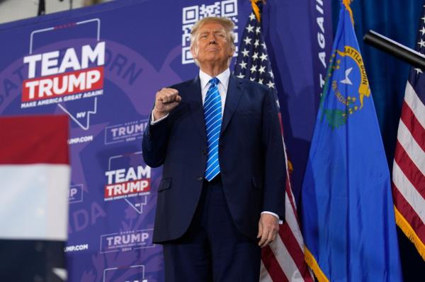 Do<em></em>nald Trump speaks at a campaign event Saturday, Jan. 27, 2024, in Las Vegas.