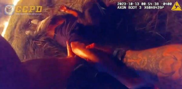 Cop pulls woman to safety.