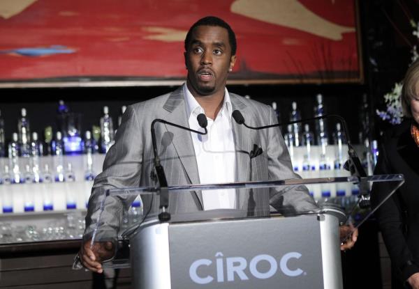 Sean 'Diddy' Combs speaking at a press co<em></em>nference to announce his new partnership with Ciroc vodka, standing at a podium with micropho<em></em>nes in New York City, October 24, 2007