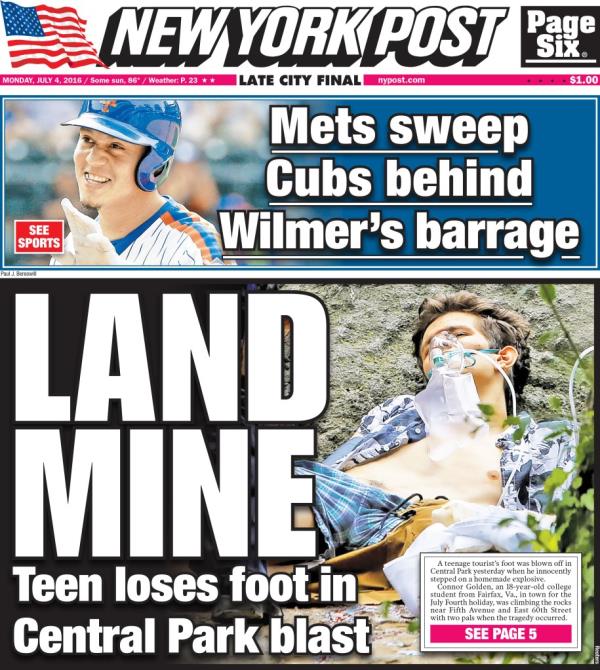 The Post's front page on July 4, 2016, showing golden lying on the ground with an oxygen mask on his face