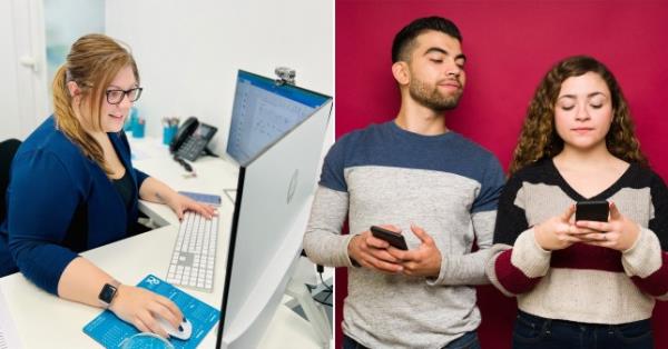 A comp of Charlotte with a stock image of a couple texting