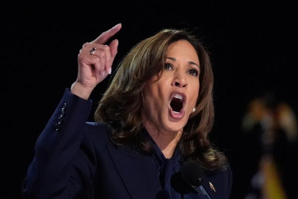 Democratic presidential nominee Vice President Kamala Harris speaks during the Democratic Natio<em></em>nal Convention.