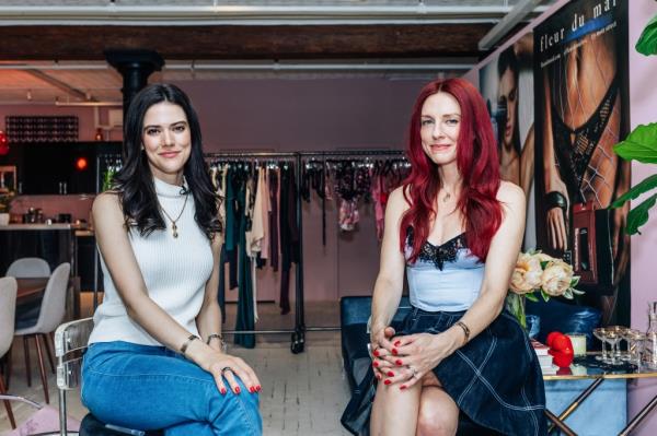 Jennifer Zuccarini, founder of Fleur de Mal, and Lydia Moynihan sitting together in Soho, Manhattan.