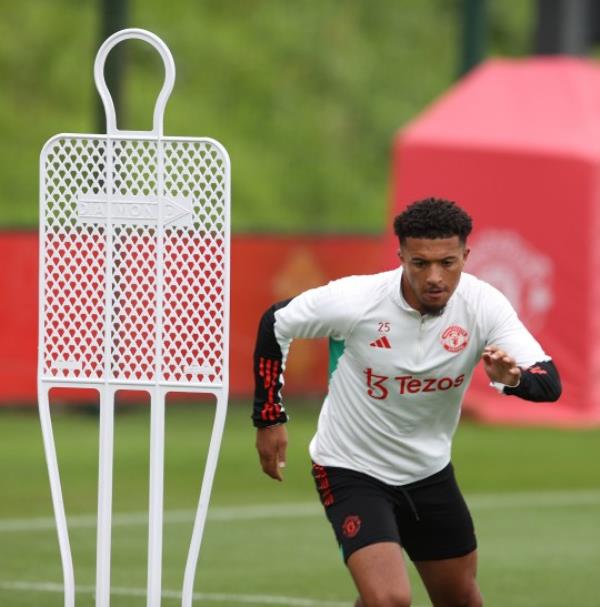 MANCHESTER, ENGLAND - JULY 18: (EXCLUSIVE COVERAGE) Jadon Sancho of Manchester United in action during a first team training session at Carrington Training Ground on July 18, 2023 in Manchester, England. (Photo by Matthew Peters/Manchester United via Getty Images)