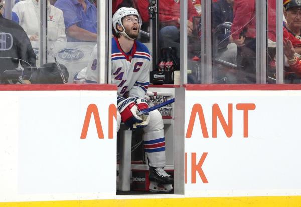 Jacob Trouba sits in the penalty box during the Rangers' Game 3 win over the Panthers.
