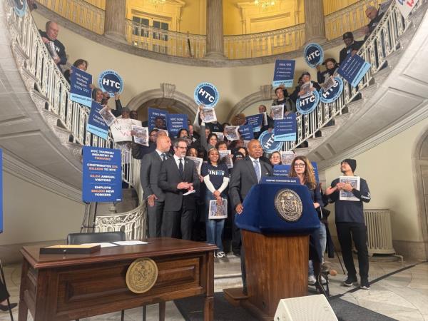 Hizzo<em></em>ner was flanked by the powerful Hotel Trades Council along with lawmakers who helped see the bills' safe passage through the City Council last month. 