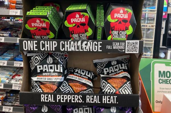 Paqui One Chip Challenge chips are displayed at a 7-Eleven store in Boston, Thursday, Sept. 7, 2023, before they were removed the following day. 