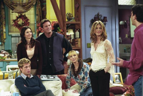 (l-r) Brad Pitt as Will Colbert, Courteney Cox as Mo<em></em>nica Geller-Bing, Matthew Perry as Chandler Bing, Lisa Kudrow as Phoebe Buffay, Jennifer Aniston as Rachel Green, David Schwimmer as Ross Geller.