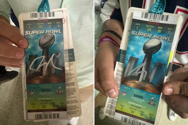 Two Super Bowl tickets signed by Brady at the event that they say the former QB star butchered