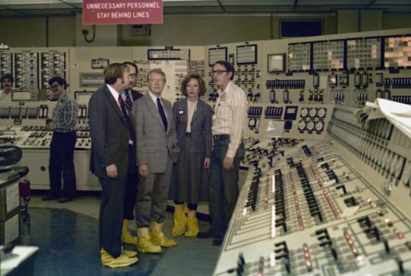 U.S. President Jimmy Carter shown  April 1, 1979 in the co<em></em>ntrol room of the Three Mile Island nuclear power plant in Middletown, Pa. Standing with Carter from left: Harold Denton, director of the U.S. Nuclear Agency; PA. Gov. Dick Thornburgh; Rosalyn Carter; and an unidentified co<em></em>ntrol room employee