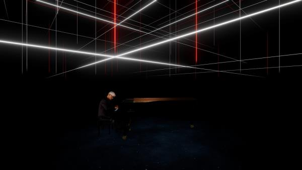 Rendering of Ryuichi Sakamoto playing piano on a dark stage in virtual reality