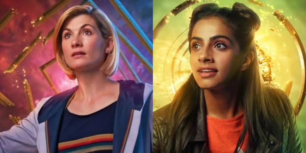 The Thirteenth Doctor stares in awe in front of a purple background, and Yaz looks at something with wo<em></em>ndrous delight in front of a green background.