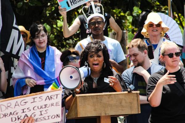 Carmarion D. Anderson-Harvey speaks at a protest in support of LGBT rights in Montgomery, Alabama