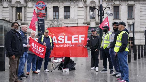 Members of the Aslef unio<em></em>n on a picket line at Victoria Station in London. Rail passengers face fresh travel chaos on Friday because of another strike by drivers in the long-running dispute over pay, which will cripple services across the country. Picture date: Friday September 1, 2023.