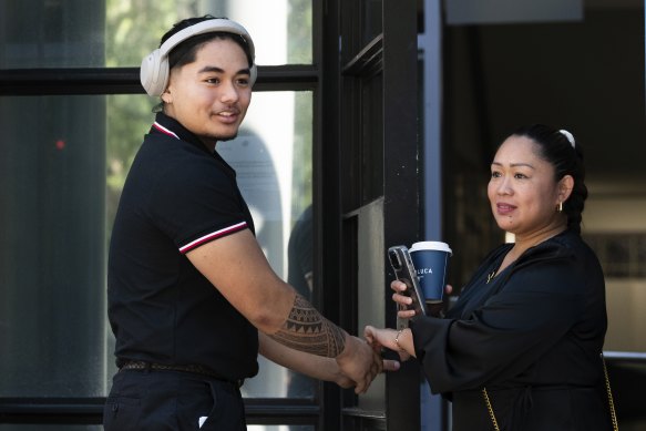 Otero stands with a supporter outside Burwood Local Court on Tuesday.